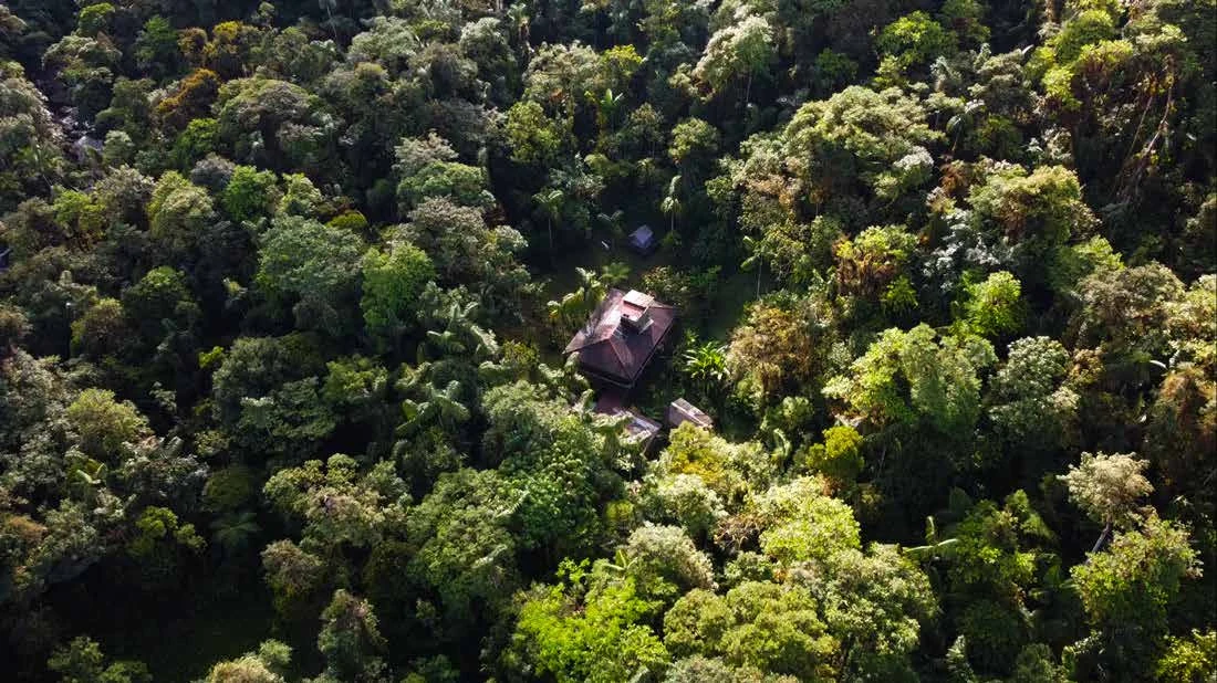 Vista aérea de la casa principal dentro del bosque de Río Ñambí